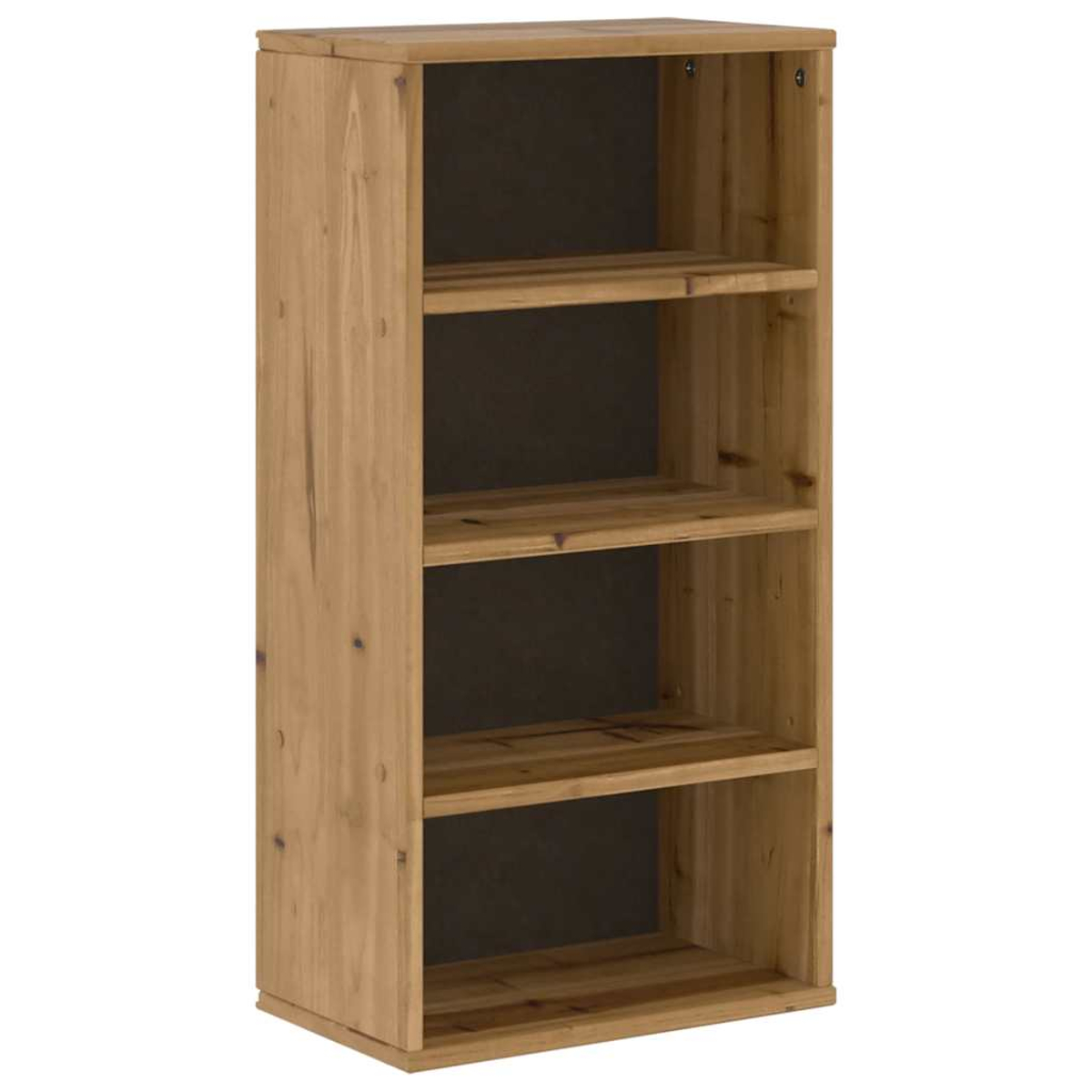 Holzregal mit vier Regalböden. Das Holz ist hellbraun, die Rückwand dunkel.