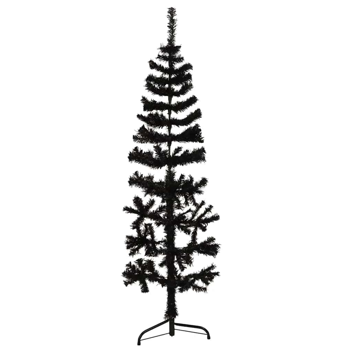 Ein hoher, schwarzer Weihnachtsbaum steht vor weißem Hintergrund. Der Baum hat spärliche Äste und einen Metallständer.