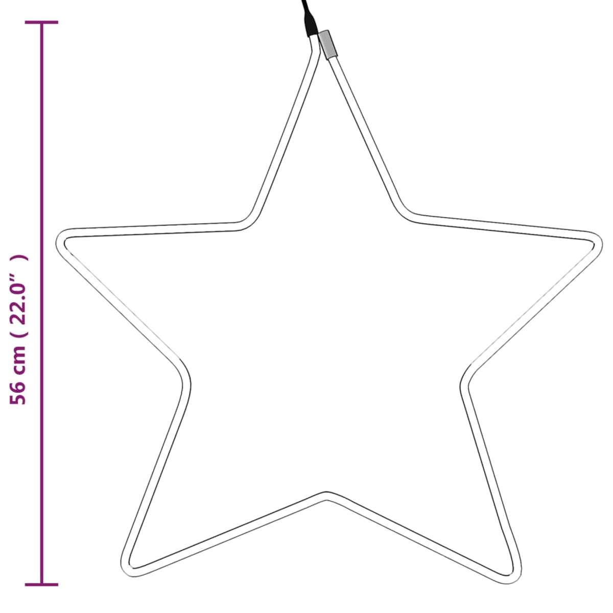 Umriss eines sternförmigen Neonlichts. Eine lilafarbene Linie zeigt die Höhe von 56 cm (22,0").