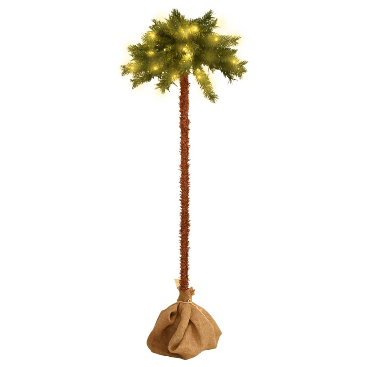 Eine dekorative künstliche Palme mit Lichtern. Sie hat einen braunen Stamm, grünes Laub und steht in einem Jutesack.