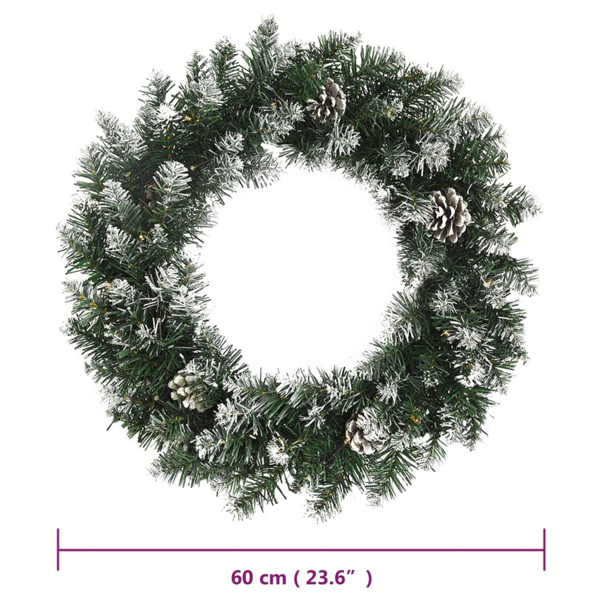 Ein Weihnachtskranz mit grünen Tannennadeln, mit Schnee bedeckt und Tannenzapfen. Er hat einen Durchmesser von 60 cm.