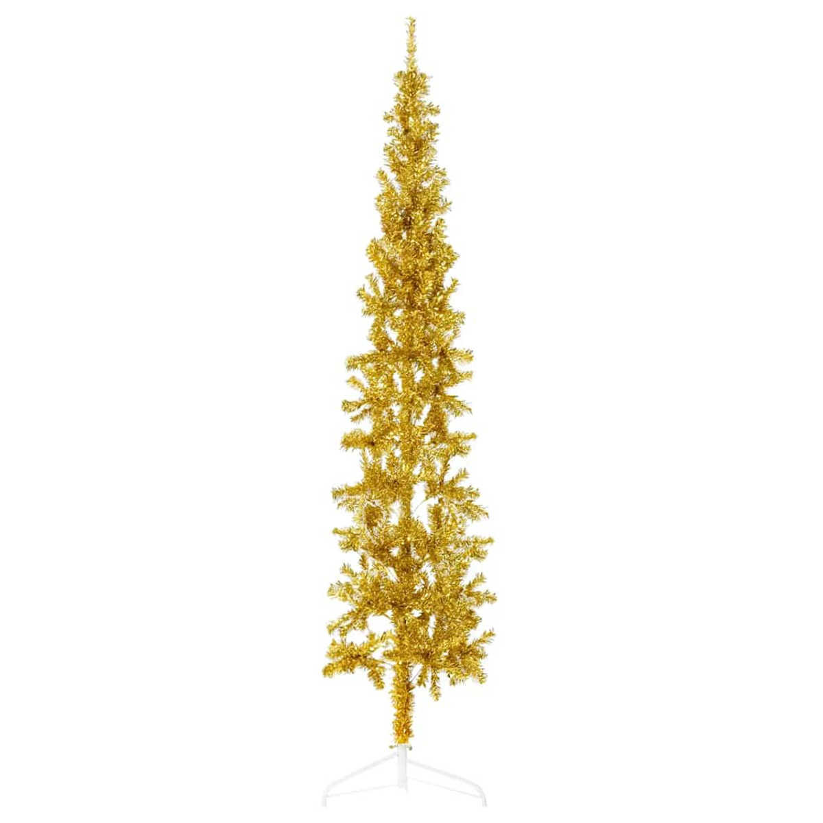 Ein hoher, schlanker, goldener Weihnachtsbaum steht auf einem weißen Ständer vor weißem Hintergrund. Der Baum besteht aus einem glitzernden Material.