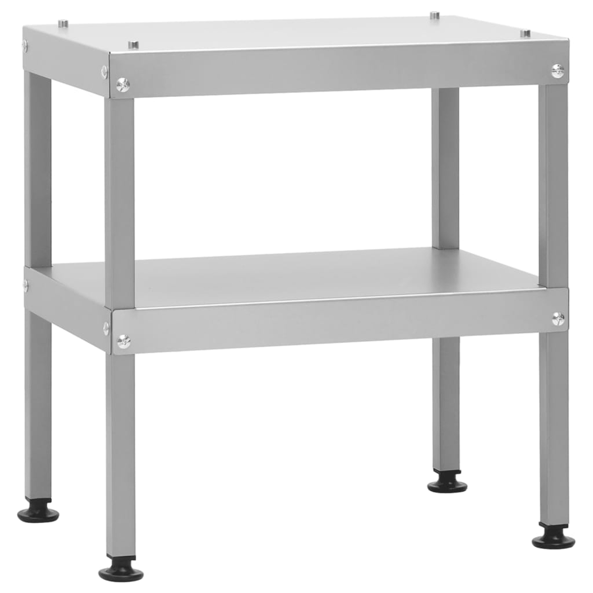 Ein zweistufiger, silberner Metalltisch. Er hat vier Beine mit schwarzen Gummifüßen. Der Tisch ist leer.