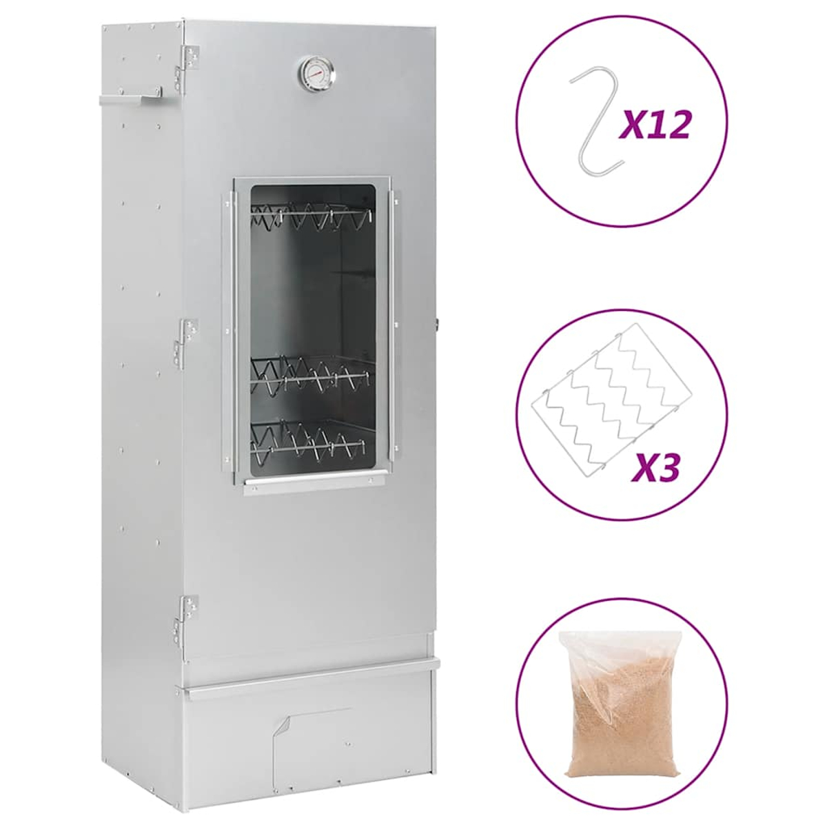 Un affumicatore argentato con accessori. Include ganci (X12), griglie (X3) e un sacchetto di trucioli di legno. L'affumicatore ha una porta e un termometro.