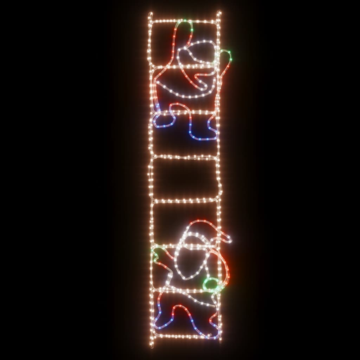 Eine Weihnachtsbeleuchtung mit einer Leiter und zwei kletternden Weihnachtsmännern. Die Leiter und die Weihnachtsmänner sind mit bunten Lichtern umrandet.