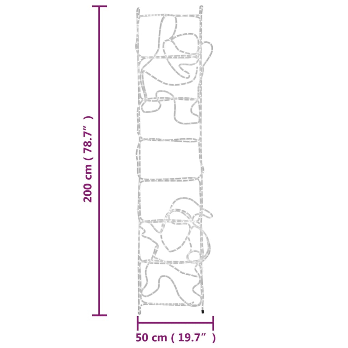 Eine weiße dekorative Leiter mit Weihnachtsmannformen. Die Abmessungen betragen 200 cm Höhe und 50 cm Breite. Lila Linien zeigen die Maße.