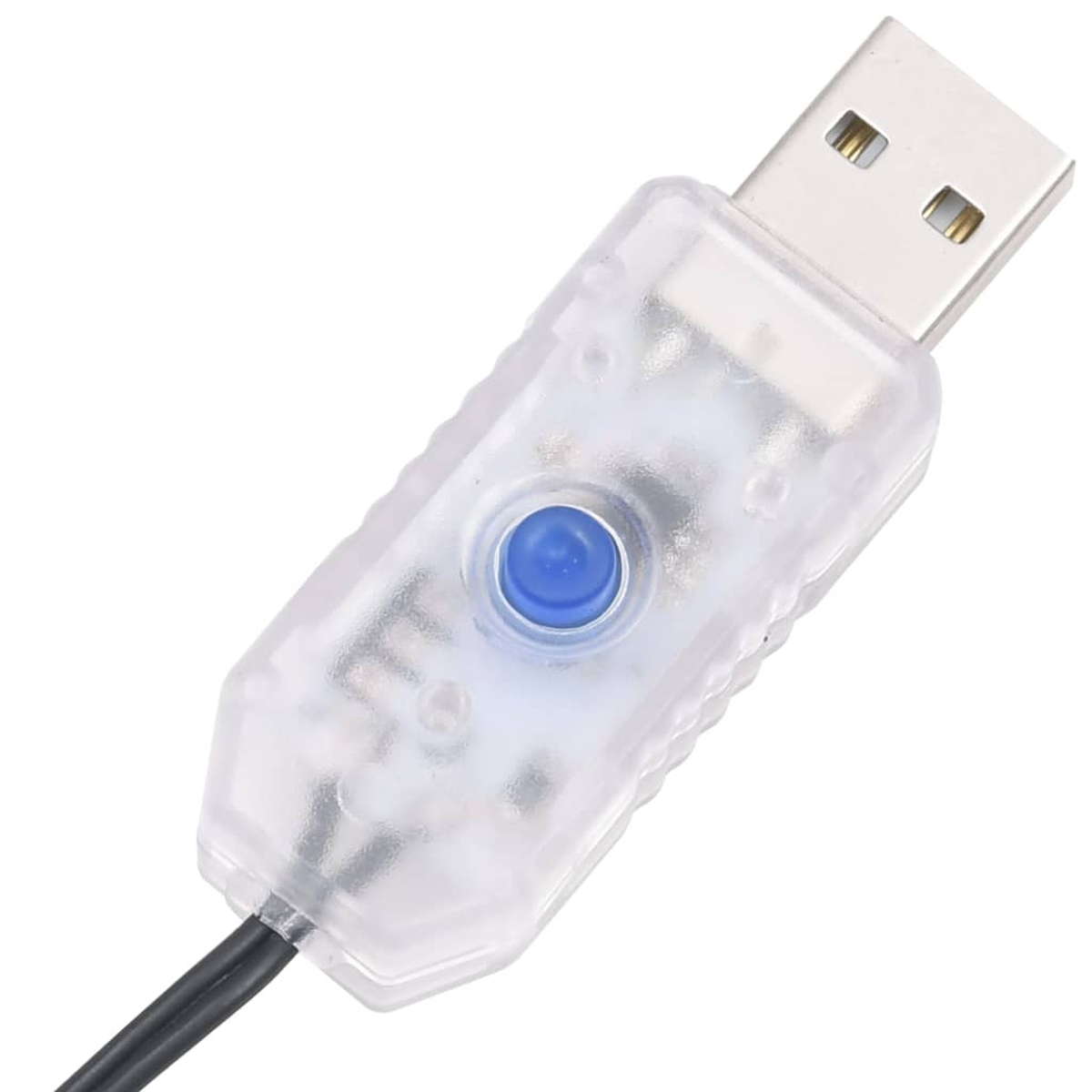 Ein klarer USB-Kabeladapter mit blauem Knopf. Es hat einen USB-Anschluss an einem Ende und einen Ein-/Ausschalter in der Mitte.
