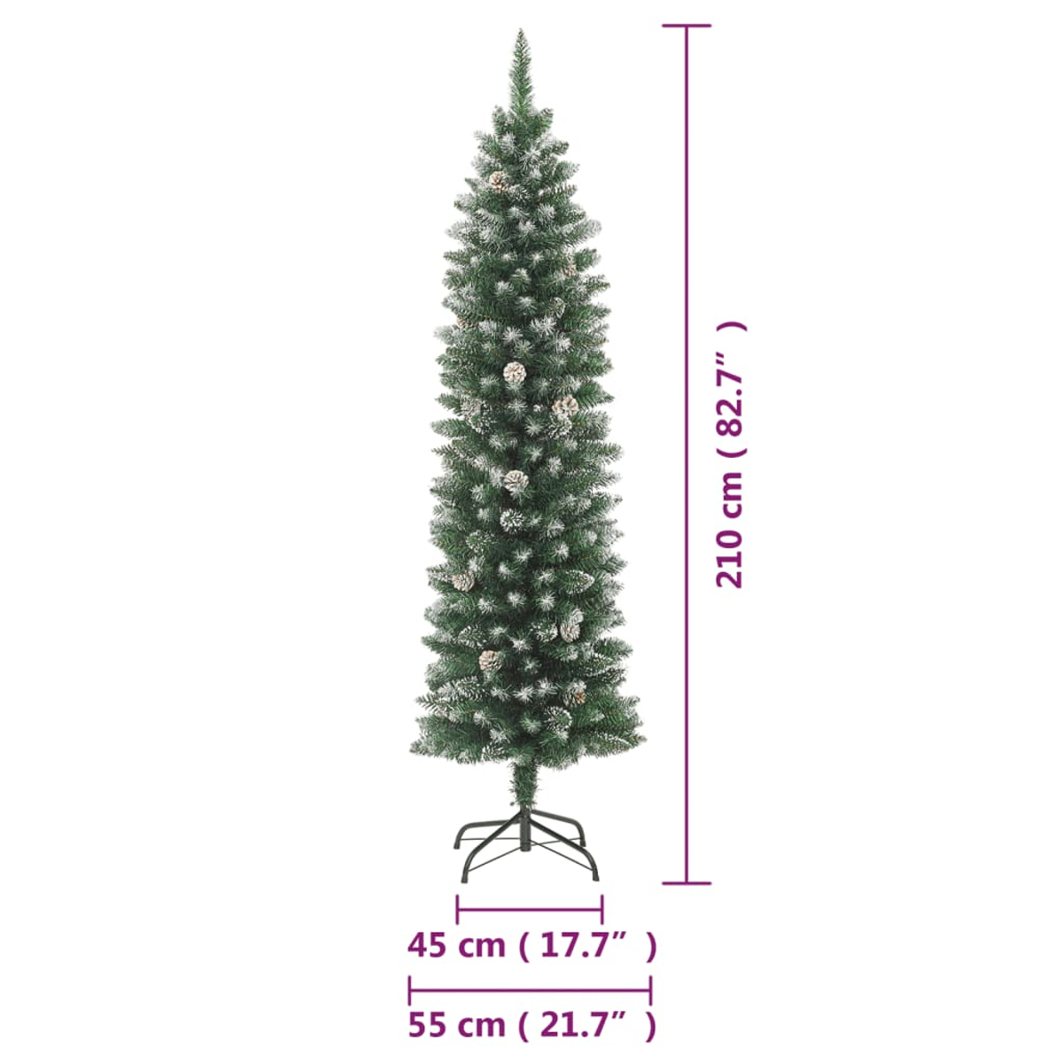 Ein hoher, künstlicher Weihnachtsbaum mit Maßangaben. Grüne Äste mit weißen Akzenten. Er steht auf einem schwarzen Metallständer.
