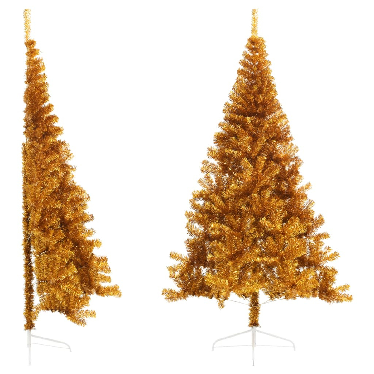Zwei goldene Lametta-Weihnachtsbäume, eine Profilansicht und eine vollständige Ansicht, beide auf weißen Metallständern, vor weißem Hintergrund.