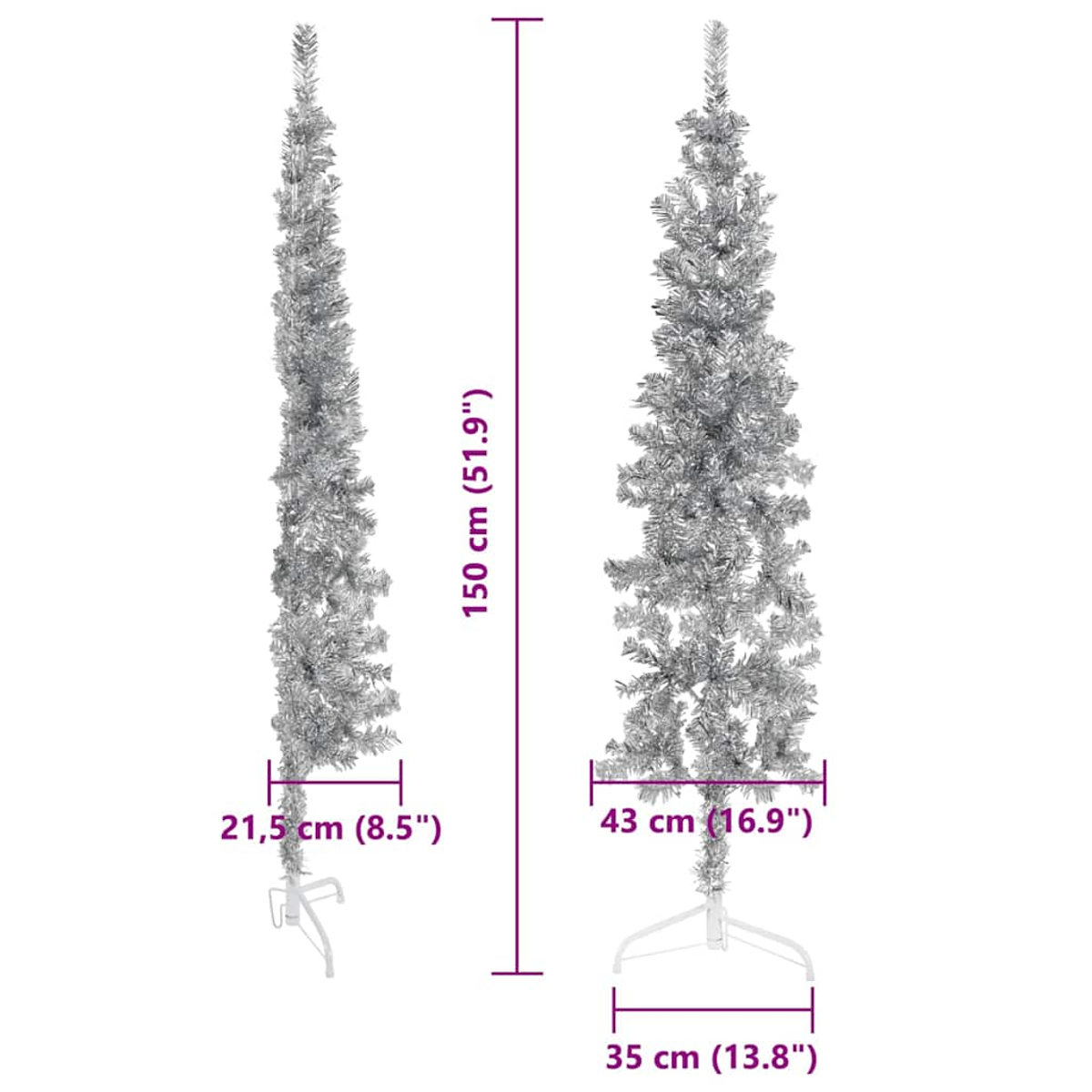 Zwei silberne Weihnachtsbäume werden angezeigt. Die Maße sind: 150 cm (51,9 Zoll), 21,5 cm (8,5 Zoll), 43 cm (16,9 Zoll) und 35 cm (13,8 Zoll).