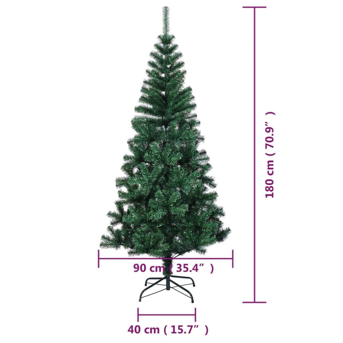 Ein künstlicher grüner Weihnachtsbaum mit Maßen. Er ist 180 cm hoch und 90 cm breit an der Basis. Die Basis ist 40 cm breit.