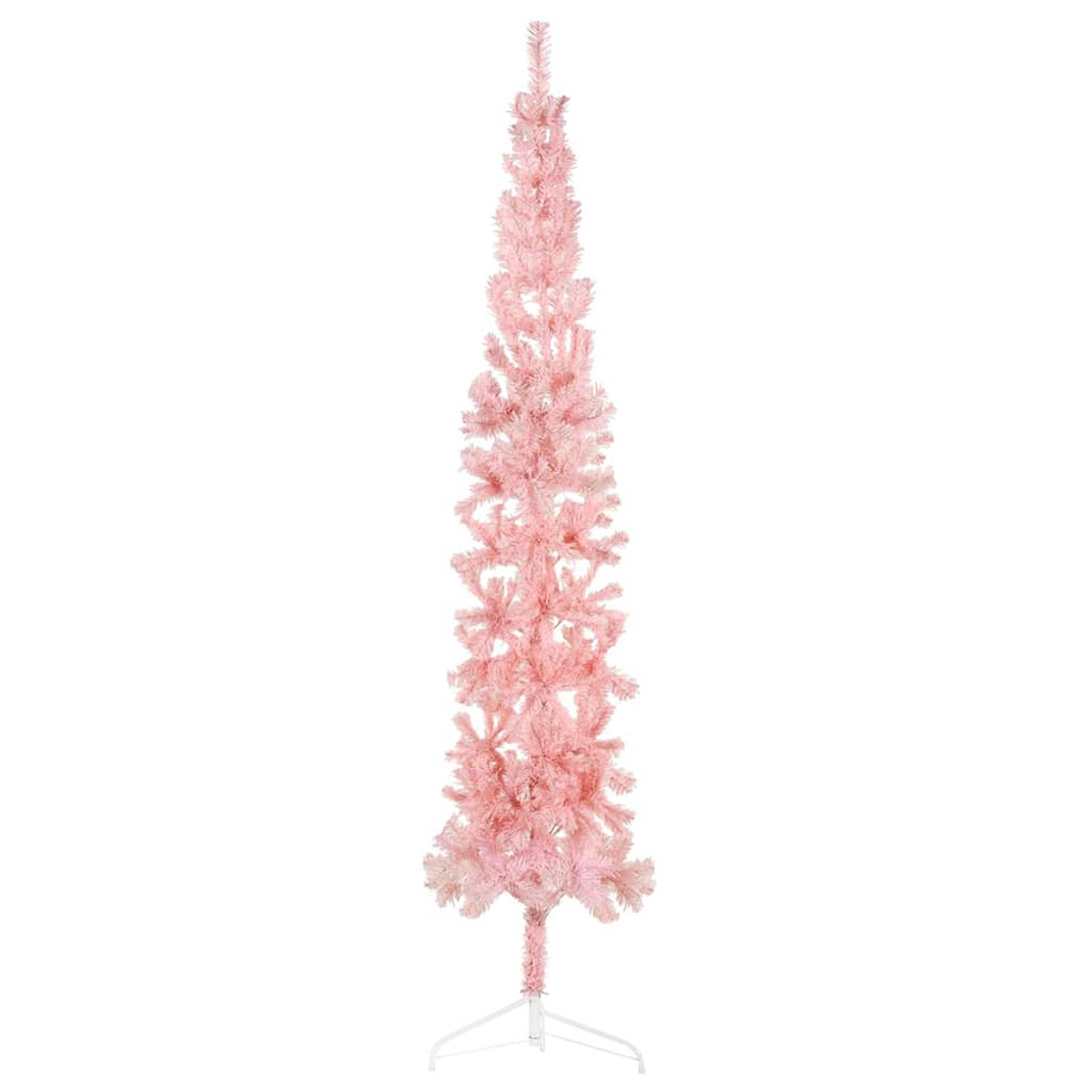 Ein hoher, schlanker rosa Weihnachtsbaum mit weißem Fuß. Der Baum ist ganz rosa und hat spärliche Äste.