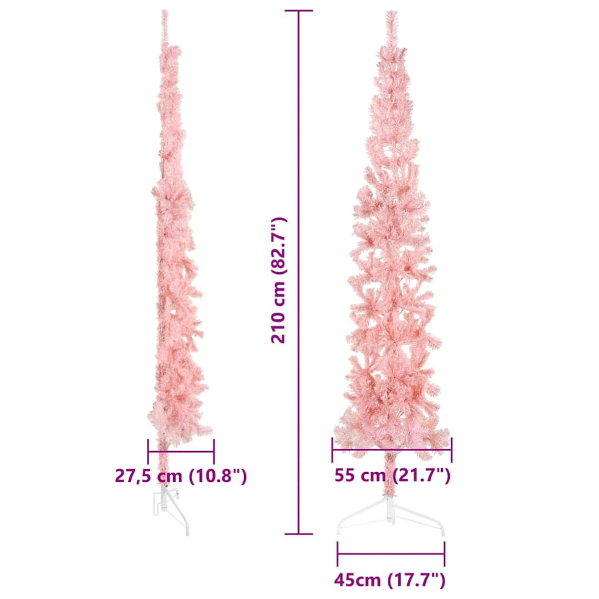Zwei rosa künstliche Weihnachtsbäume werden gezeigt. Abmessungen sind angegeben, wobei ein Baum 210 cm hoch ist. Der erste ist 27,5 cm breit, der zweite 55 cm.