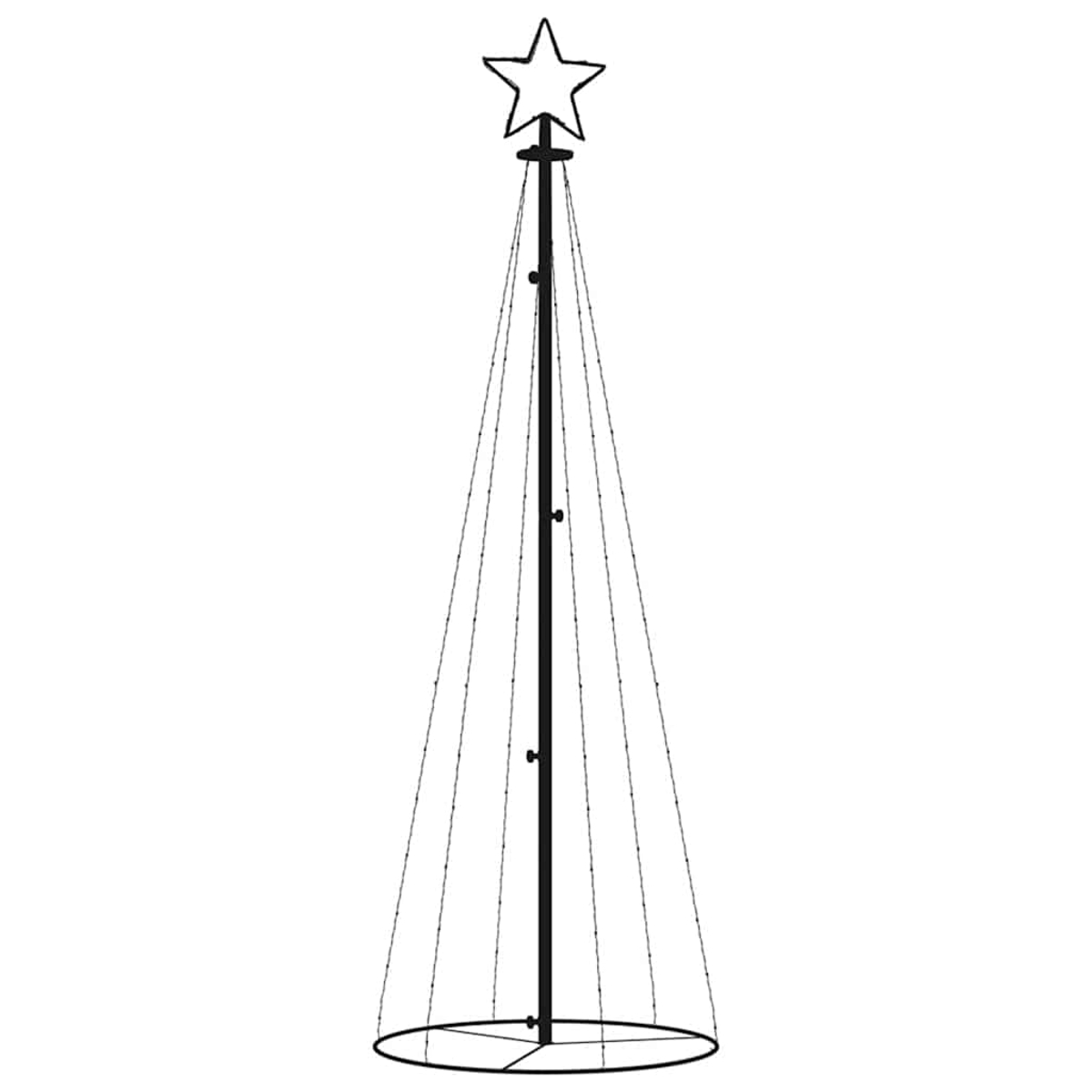 Ein schwarzer Weihnachtsbaumrahmen aus Metall. Er hat einen Stern an der Spitze und eine kreisförmige Basis. Schnüre verbinden den Stern mit der Basis.