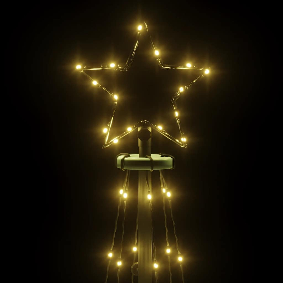 Eine sternförmige Lichtdekoration mit kleinen gelben Lichtern. Der Stern befindet sich auf einer Stange mit einigen herunterhängenden Lichtern vor einem schwarzen Hintergrund.