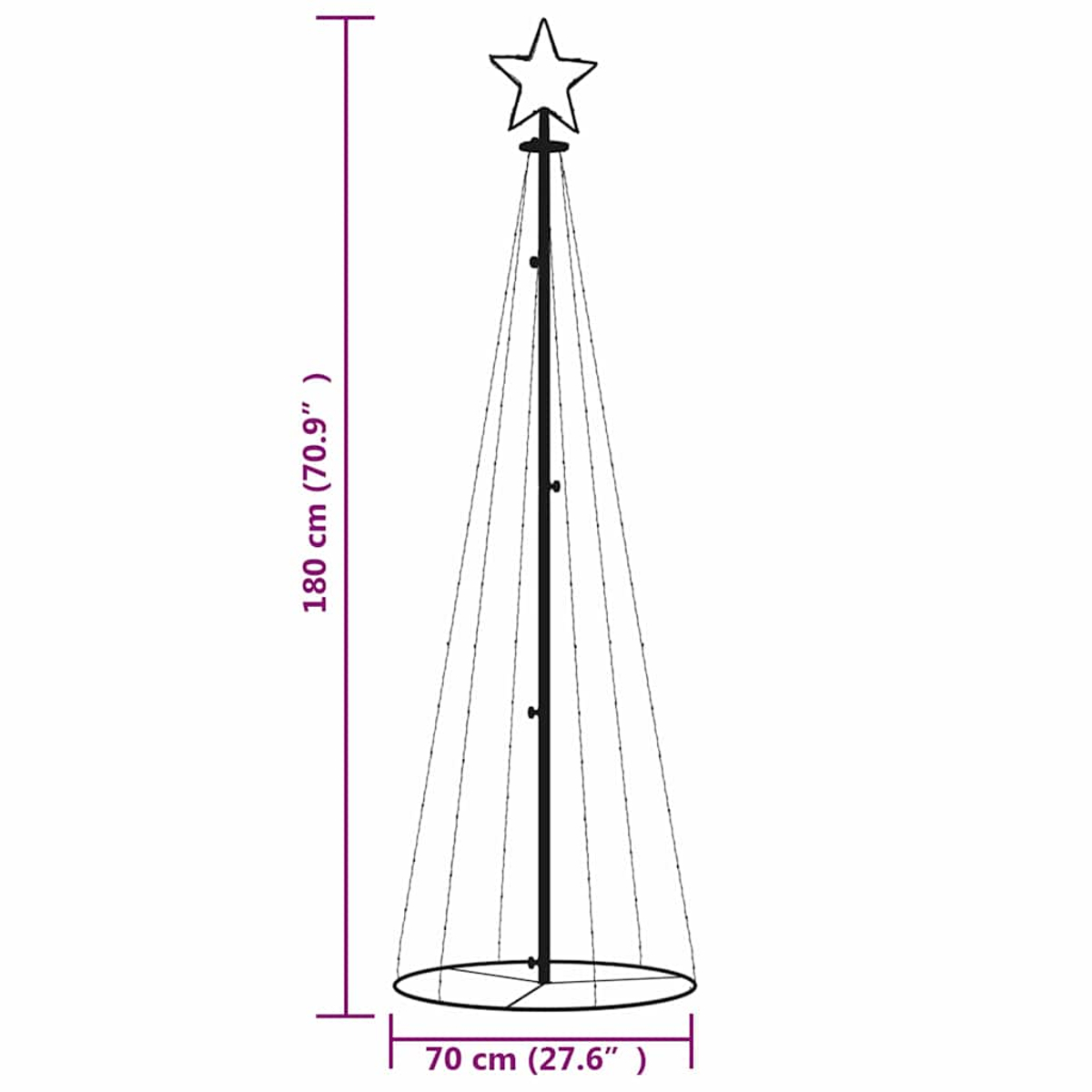 Ein schwarzer Metall-Weihnachtsbaumrahmen mit einem Stern oben. Abmessungen: 180 cm hoch und 70 cm breit.