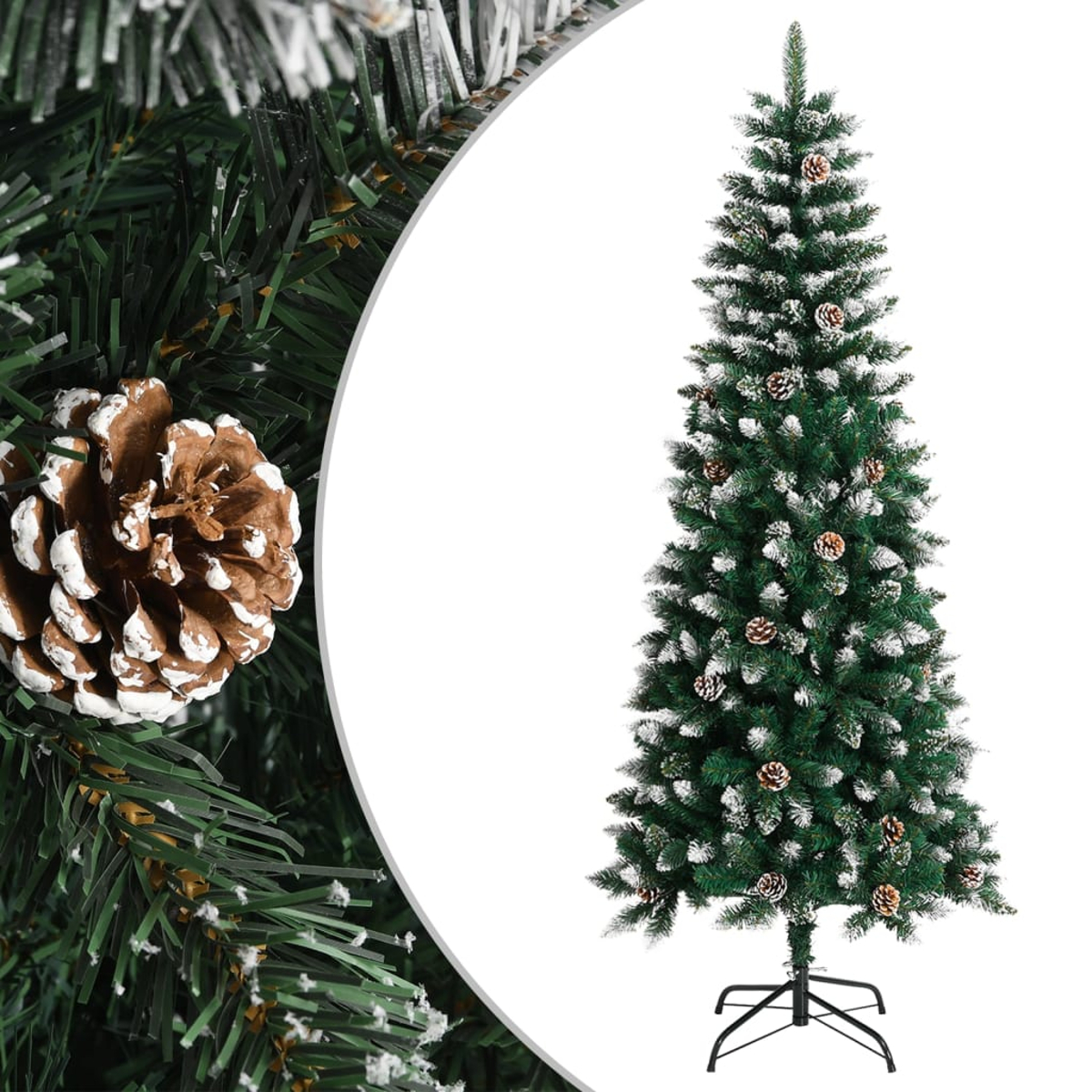 Weihnachtsbaum mit Tannenzapfen und Schnee. Grüne Nadeln, braune Zapfen und weißer Schnee. Schwarzer Ständer, weißer Hintergrund.