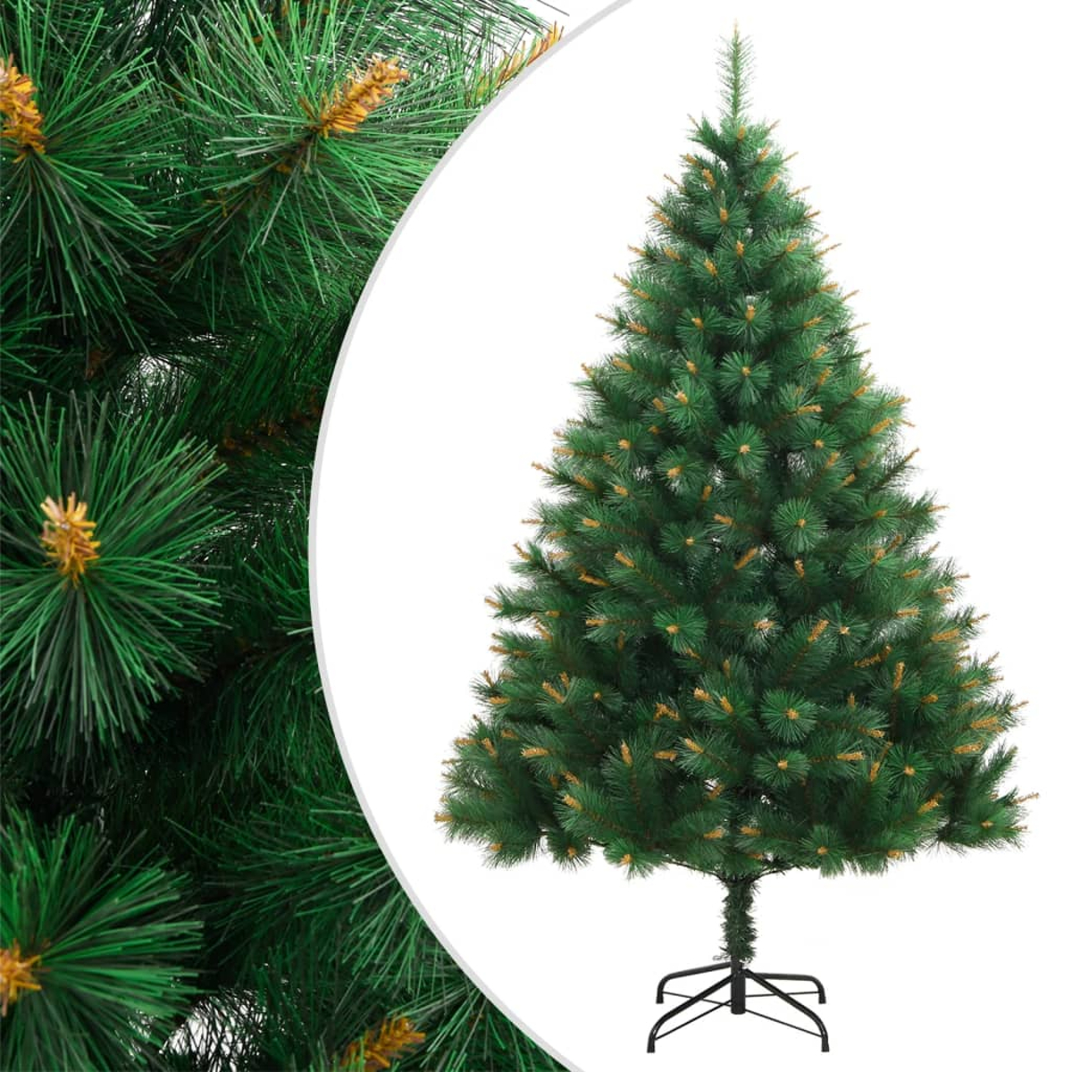 Ein grüner Weihnachtsbaum mit braunen Akzenten steht auf einem schwarzen Metallsockel. Der Hintergrund ist weiß.