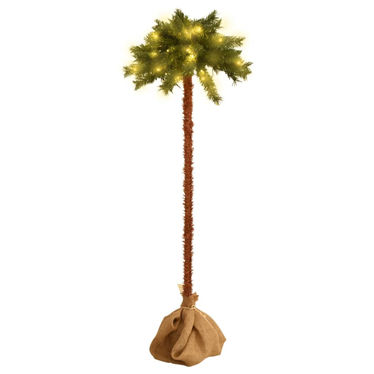 Eine dekorative künstliche Palme mit Lichtern. Der Baum hat einen braunen Stamm, grüne Blätter und steht in einem Jutesack.