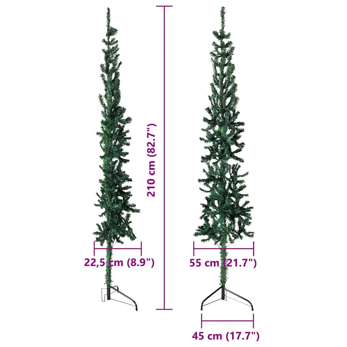 Zwei künstliche Weihnachtsbäume, grün, mit Maßen in cm und Zoll. Einer ist 22,5 cm breit, der andere 55 cm breit. Beide sind 210 cm hoch.