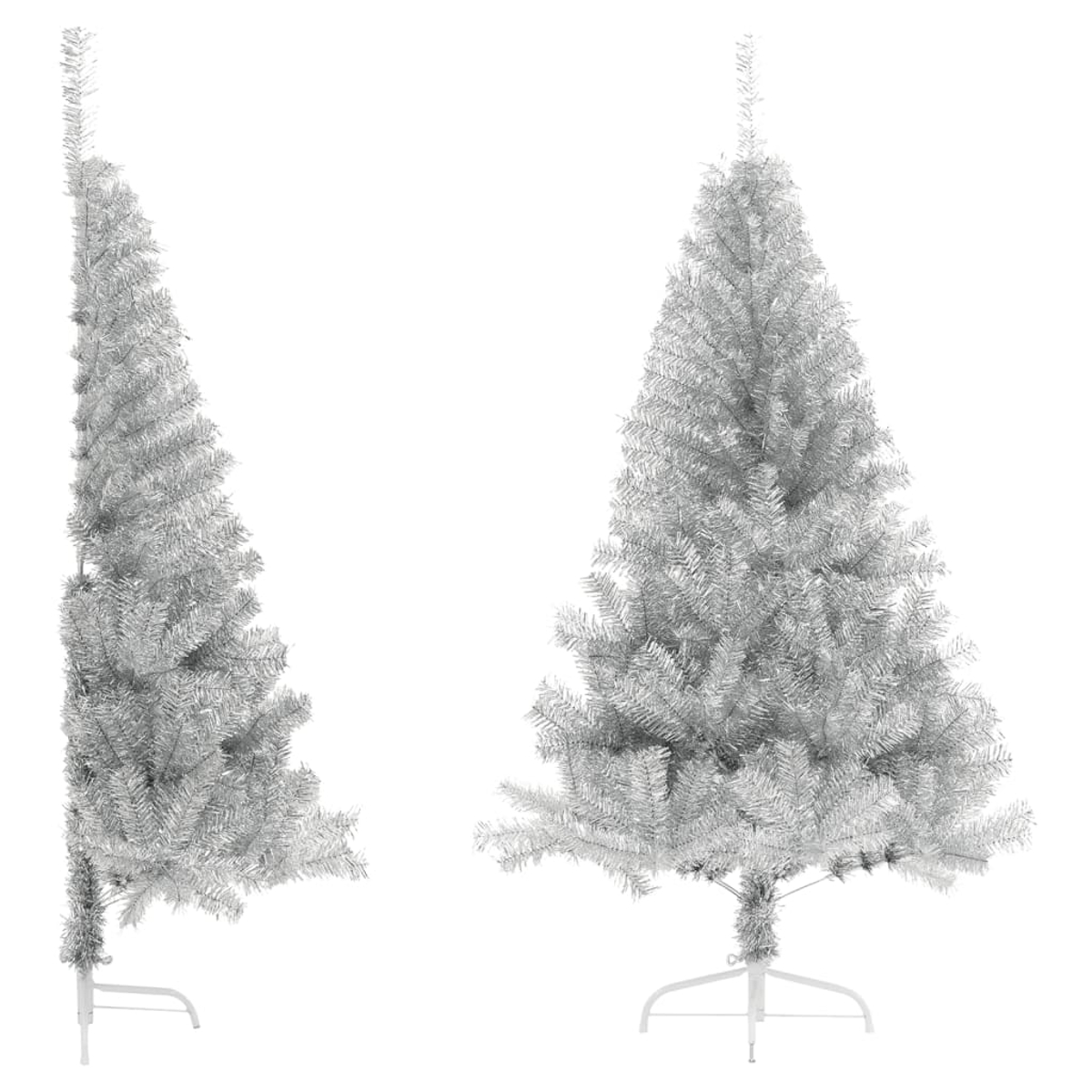 Zwei silberne Weihnachtsbäume auf weißem Hintergrund. Die Bäume sind voll mit einem weißen Ständer am Boden.