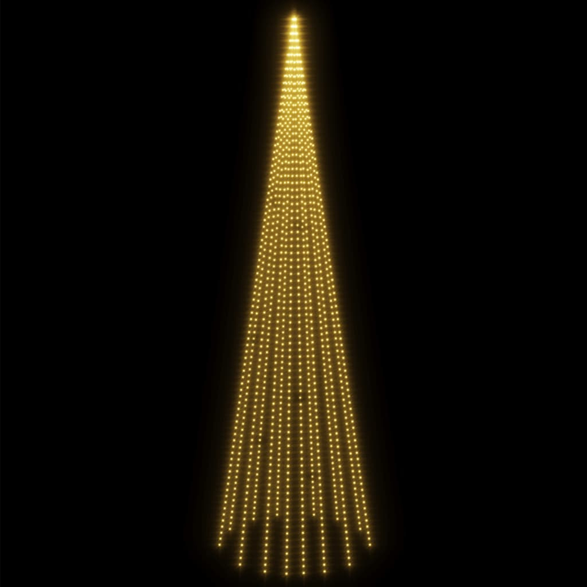 Eine kegelförmige Lichtanzeige vor schwarzem Hintergrund. Sie besteht aus vielen kleinen gelben Lichtern, die ein leuchtendes, festliches Aussehen erzeugen.