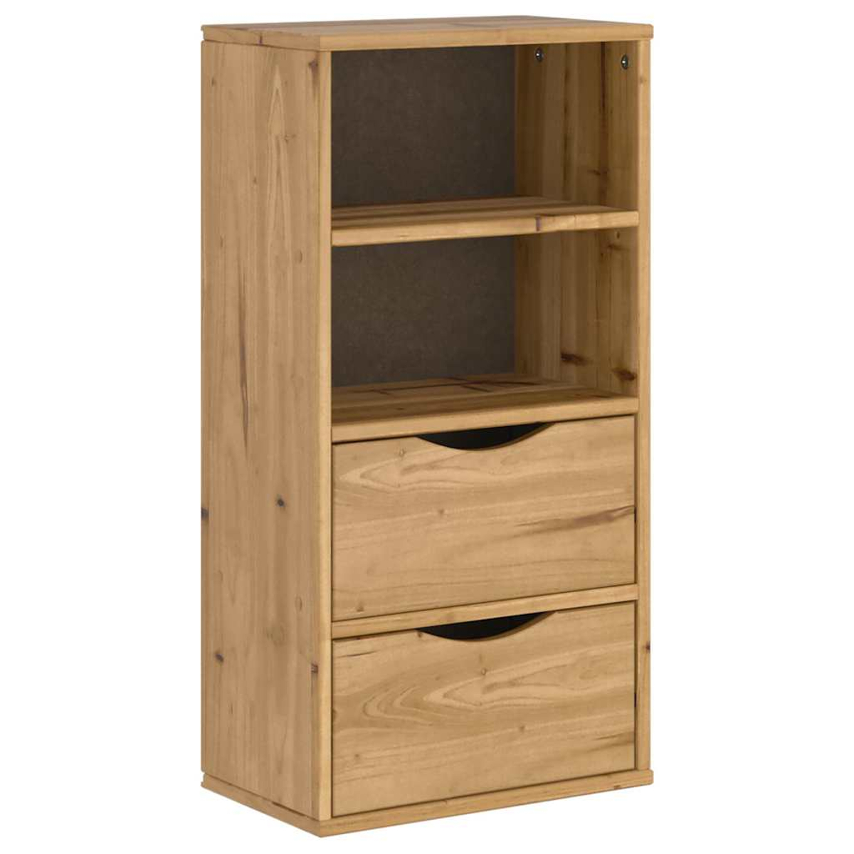Holzschrank mit zwei Schubladen und zwei Regalen. Der Schrank ist hellbraun.