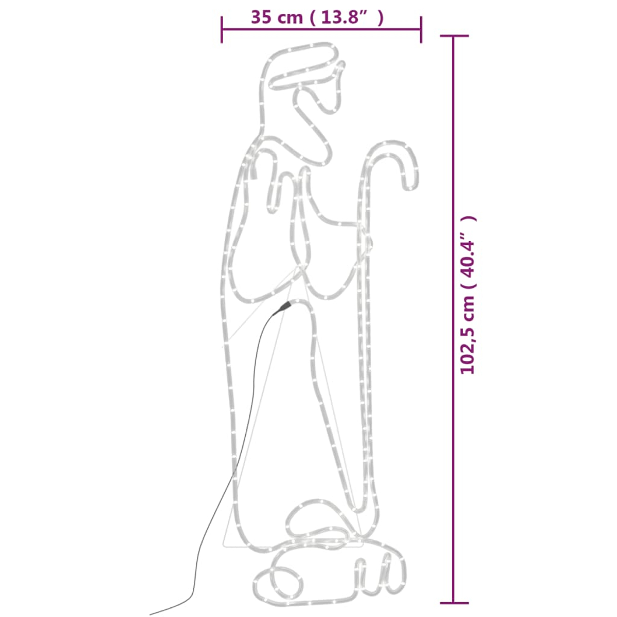 Eine weiße LED-Schäferfigur. Sie hat einen Stab und ist beleuchtet. Die Abmessungen betragen 35 cm Breite und 102,5 cm Höhe.