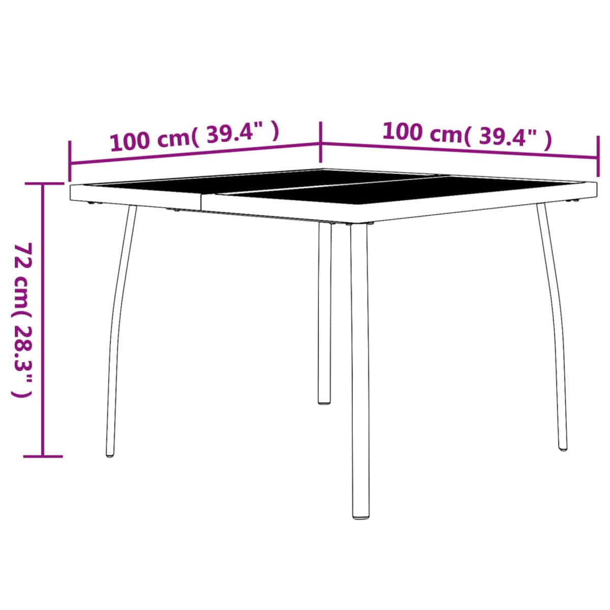 Diagramm eines quadratischen Tisches mit schwarzer Platte und gebogenen Beinen. Abmessungen: 100 cm x 100 cm, Höhe 72 cm.