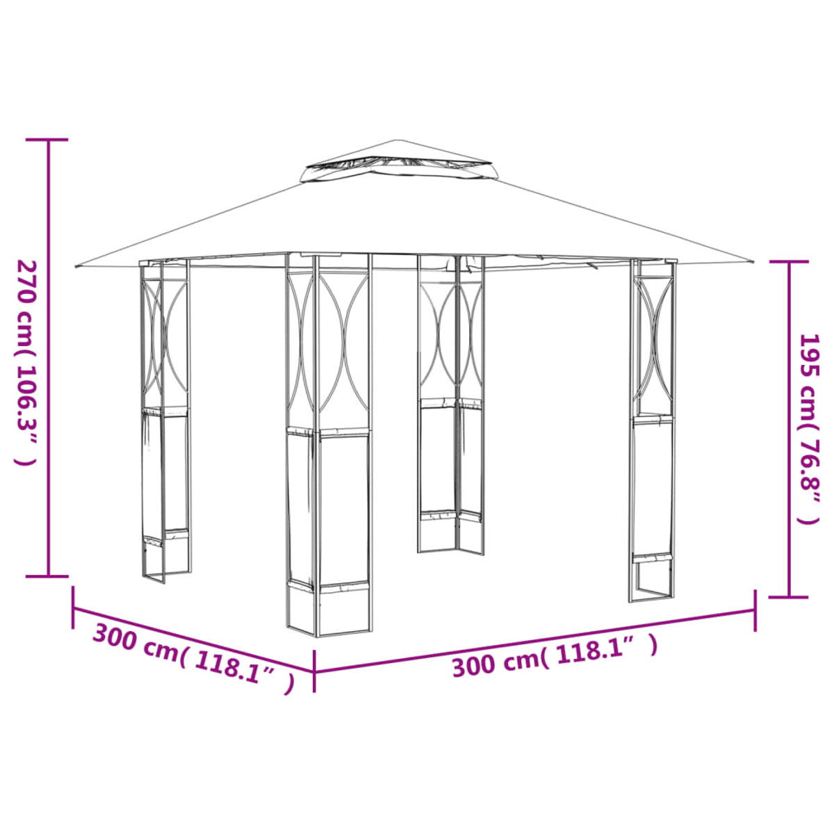 Umriss eines Pavillons mit Maßen: 300x300 cm Grundfläche, 270 cm Höhe, 195 cm bis zum Dachboden. Maße in cm und Zoll.