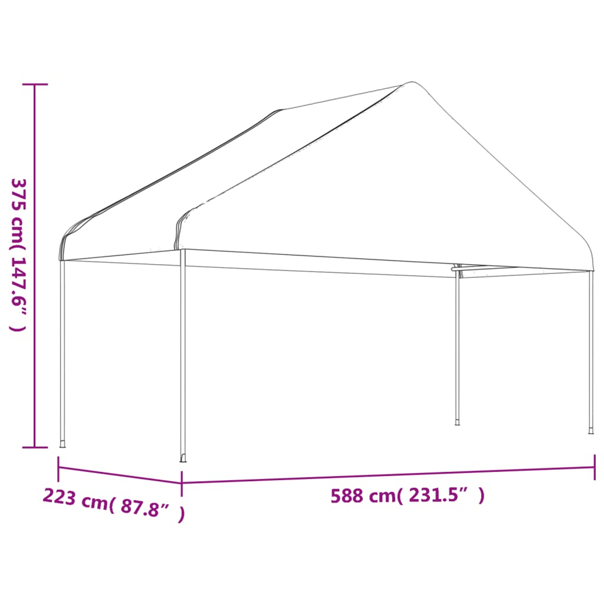 Strichzeichnung eines rechteckigen Baldachins mit Maßangaben: 375 cm Höhe, 588 cm Länge und 223 cm Breite.