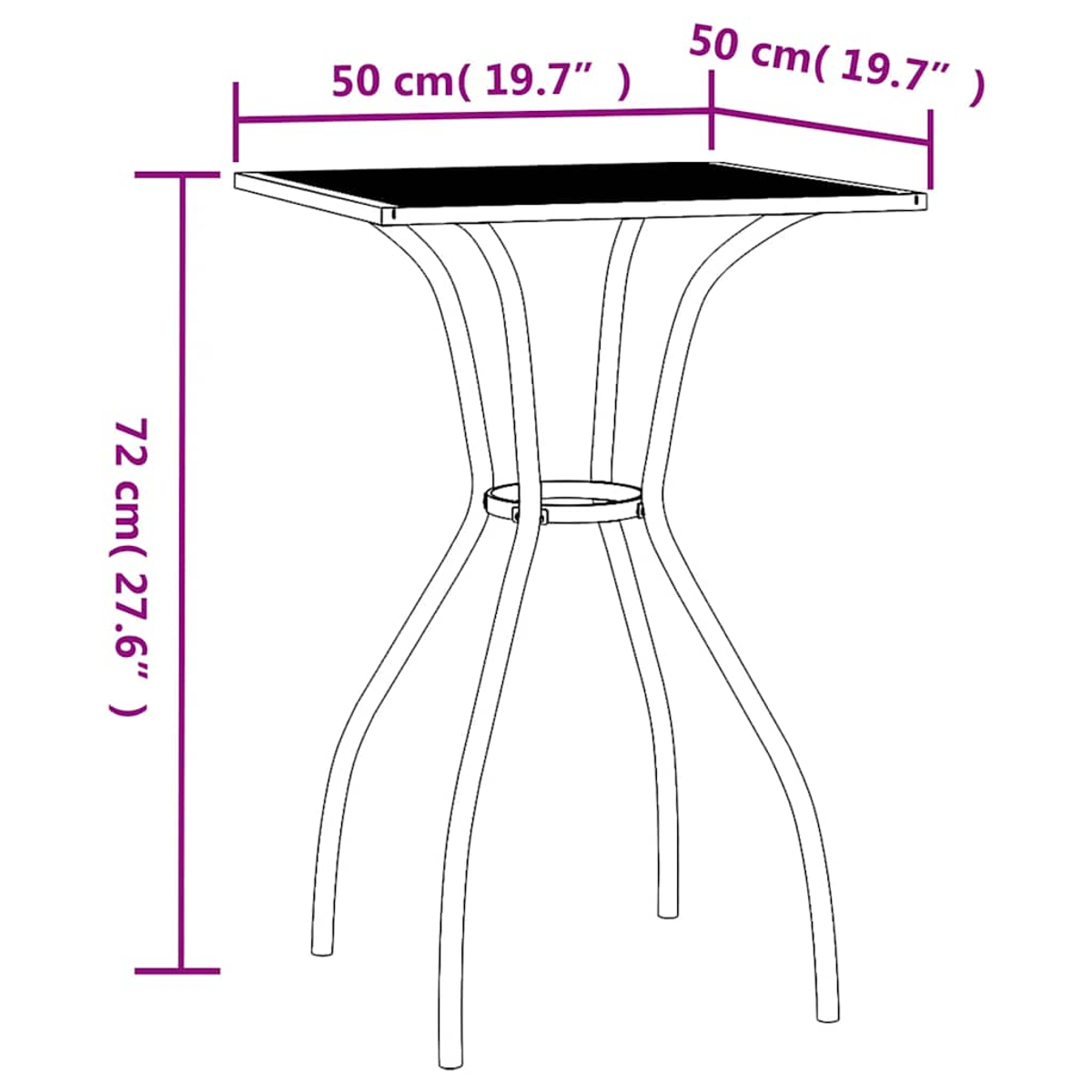 Ein schwarzer quadratischer Tisch mit gebogenen Beinen. Abmessungen: 50 cm x 50 cm oben, 72 cm Höhe.