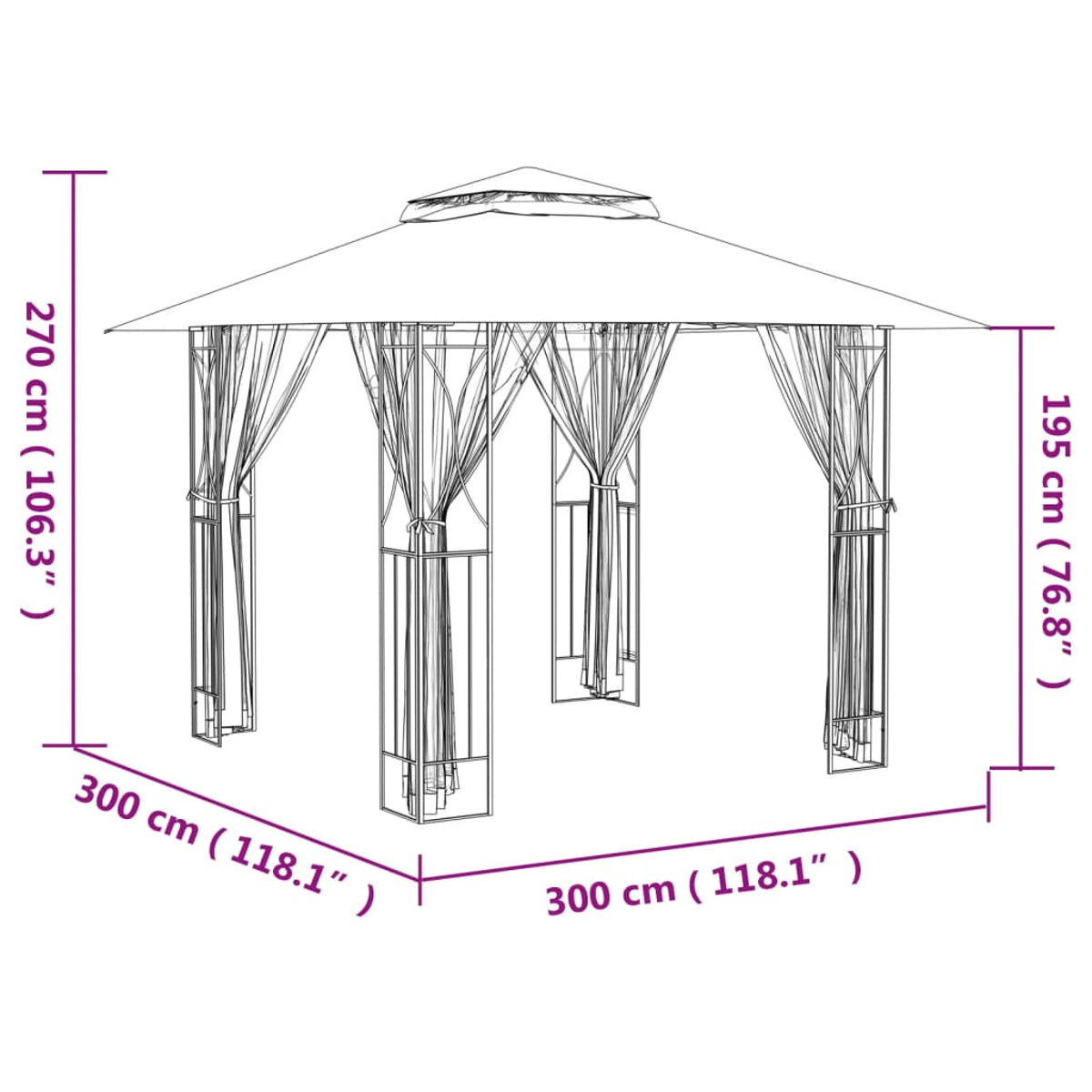 Eine schematische Darstellung eines Pavillons mit Abmessungen. Er hat ein spitzes Dach, Vorhänge und ist 300x300 cm groß. Die Höhe beträgt 270cm und 195cm.