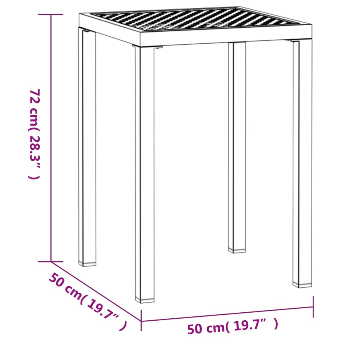 Ein quadratischer Tisch mit Lattenrost und vier geraden Beinen. Maße: 72 cm hoch, 50 cm x 50 cm breit.
