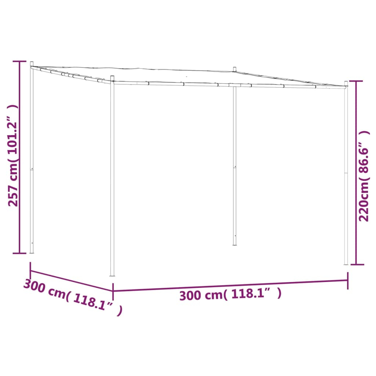 Ein Diagramm zeigt eine quadratische Außenstruktur mit den Maßen: 300 cm x 300 cm x 257 cm (H) und 220 cm (H) mit einem Netzdach.