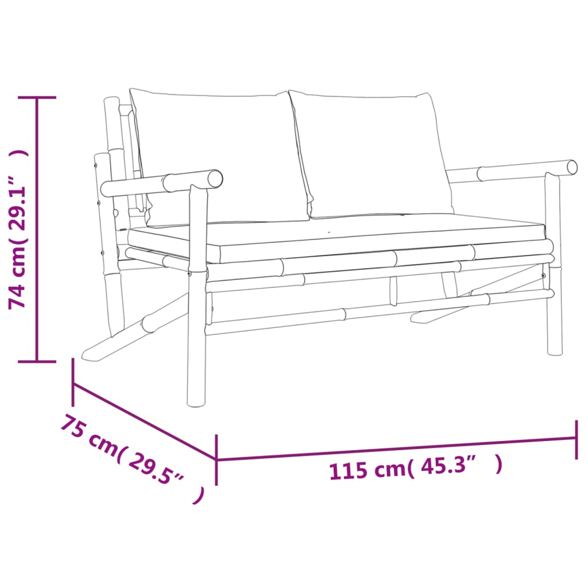 Eine Strichzeichnung zeigt ein Bambus-Sofa mit den Maßen: 74 cm hoch, 75 cm tief und 115 cm breit. Es hat zwei Kissen und Armlehnen.
