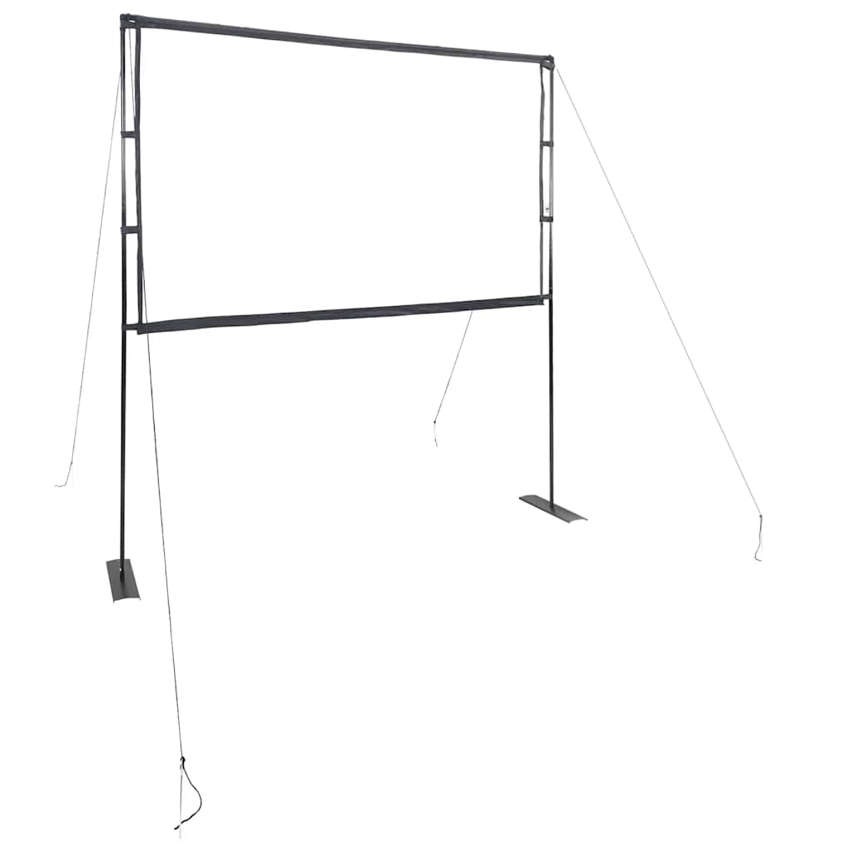 Ein schwarzer Projektorrahmen mit weißer Leinwand. Er wird von schwarzen Beinen und Drähten auf weißem Hintergrund getragen.