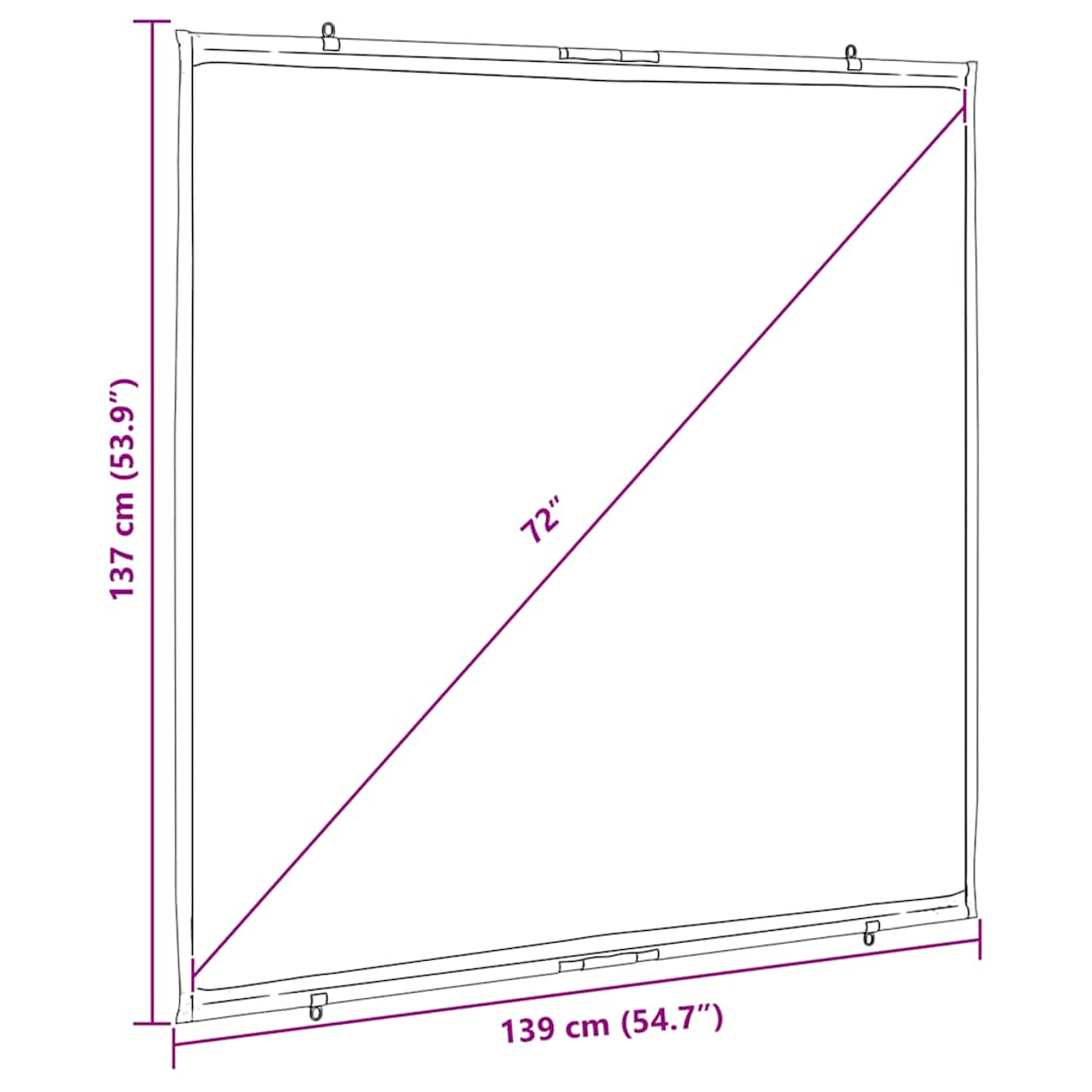Diagramm eines Bildschirms mit Abmessungen in cm und Zoll. Eine Diagonale zeigt 72". Der Bildschirm ist 137 cm (53,9") x 139 cm (54,7") groß.
