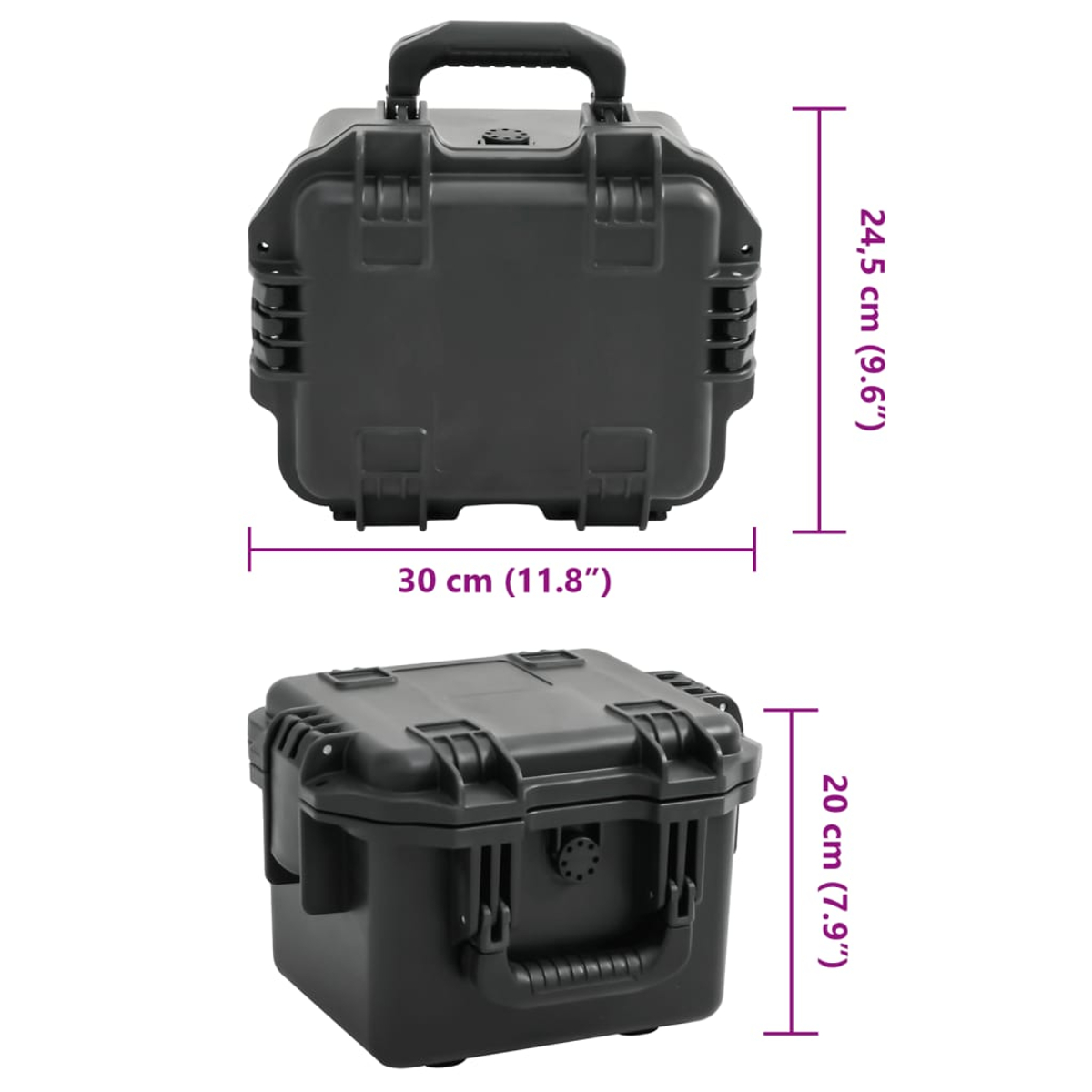Zwei schwarze, wasserdichte Koffer werden gezeigt. Einer wird von oben, der andere schräg betrachtet. Abmessungen: 30 cm (11,8"), 24,5 cm (9,6"), 20 cm (7,9").