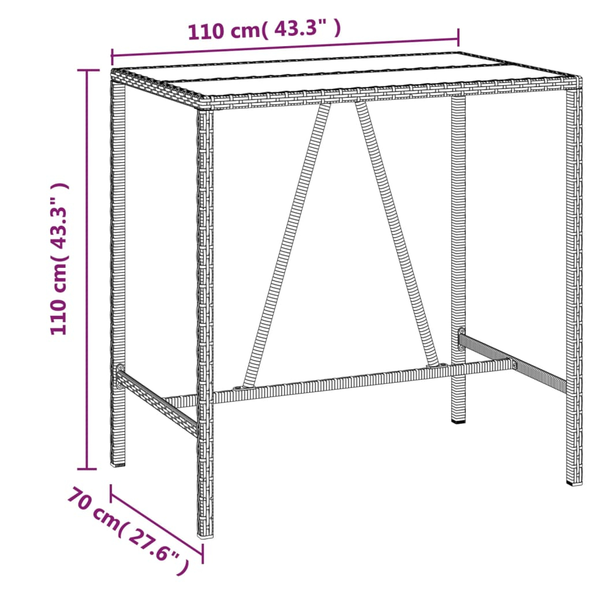 Eine in schwarzen Linien gezeichnete Bartisch. Abmessungen sind markiert: 110 cm x 110 cm x 70 cm. Es hat ein gewebtes Muster und Stützbalken.