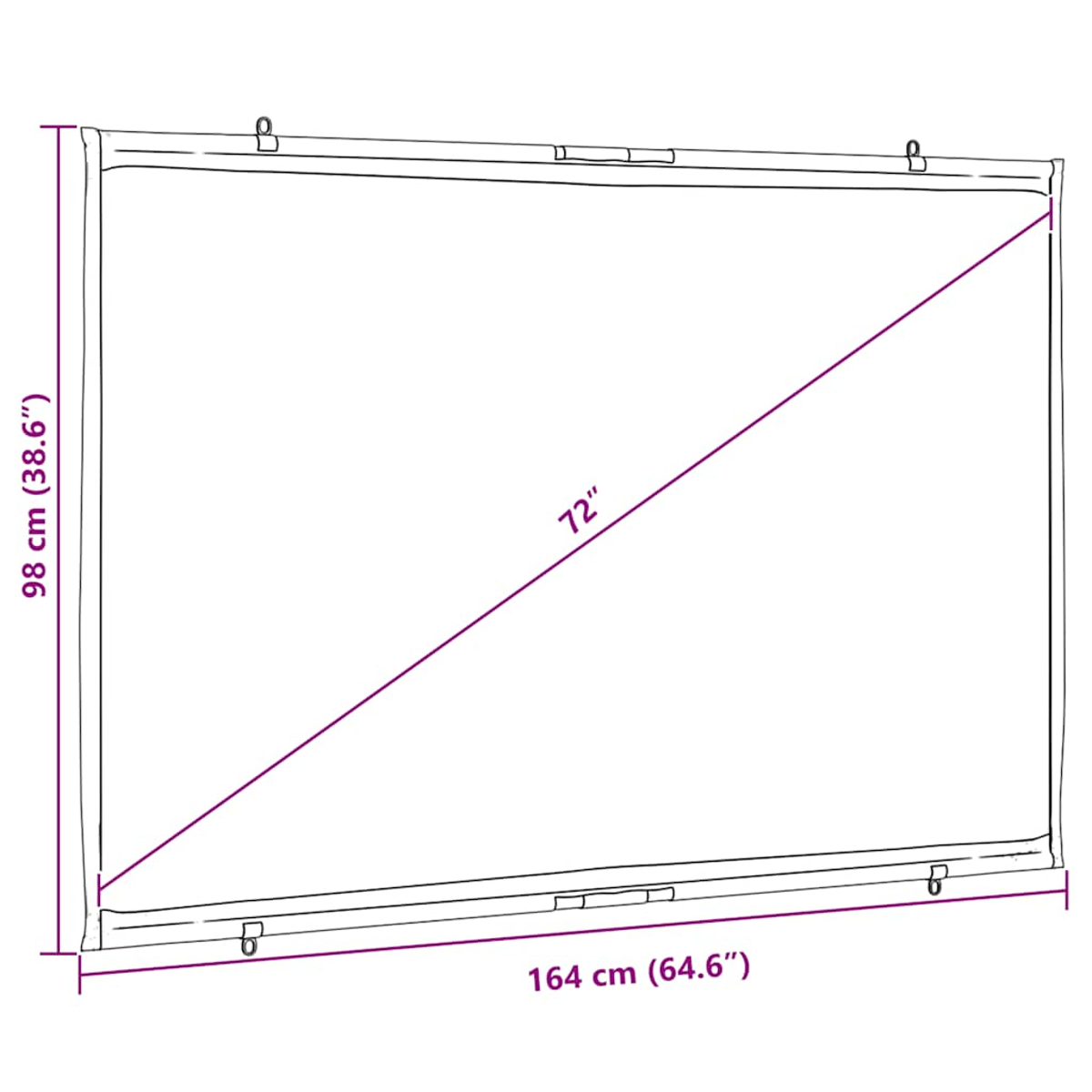 Diagramm eines rechteckigen Bildschirms mit den Maßen: 98 cm (38,6"), 164 cm (64,6") und einer Diagonale von 72 Zoll.