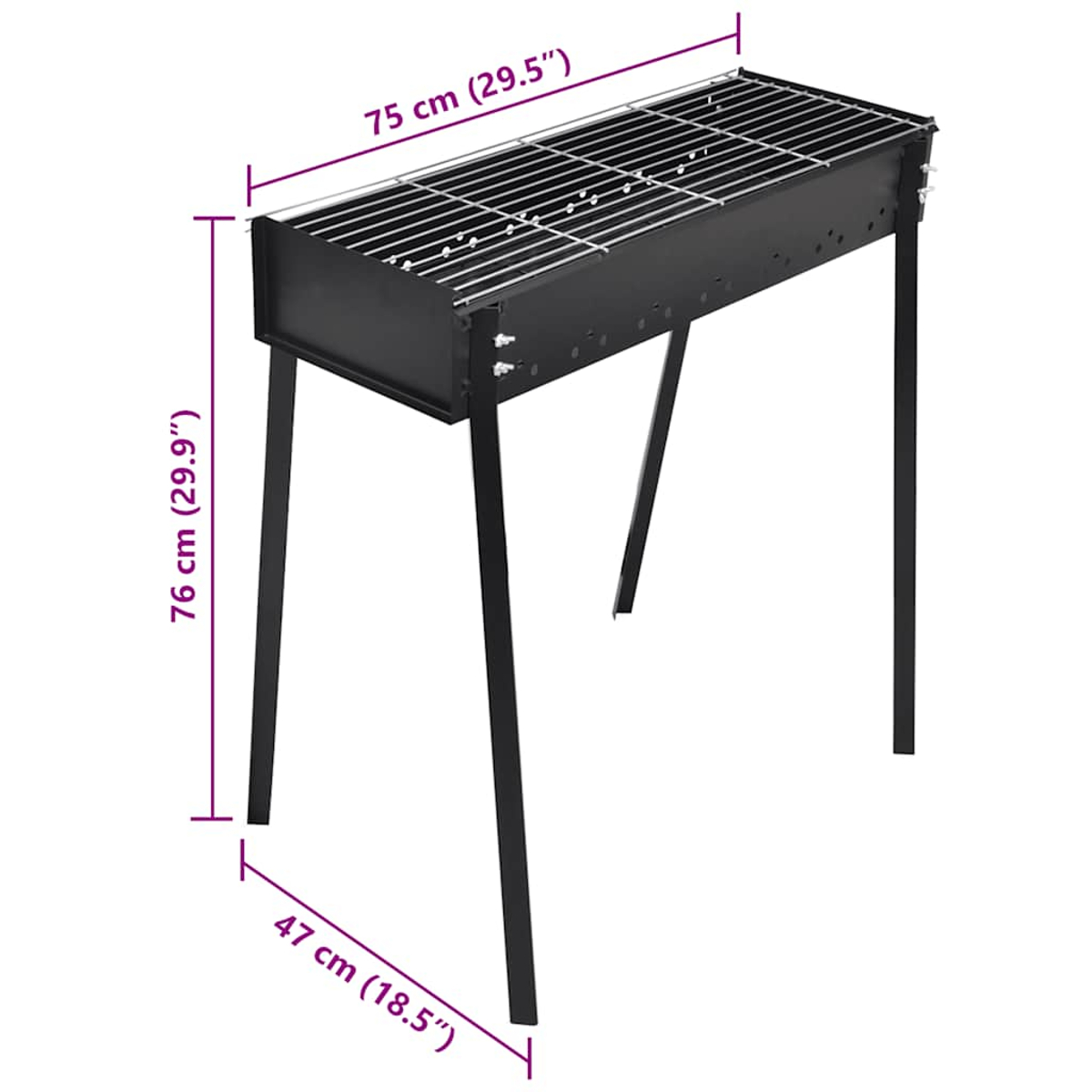 Ein schwarzer Metallgrill mit Beinen. Die Maße sind angegeben: 75 cm (29,5") lang, 76 cm (29,9") hoch und 47 cm (18,5") breit.