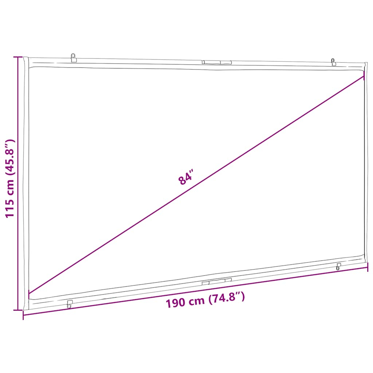 Diagramm eines weißen Bildschirms mit den Maßen: 190 cm (74,8 Zoll) Breite, 115 cm (45,8 Zoll) Höhe und 84 Zoll Diagonale.