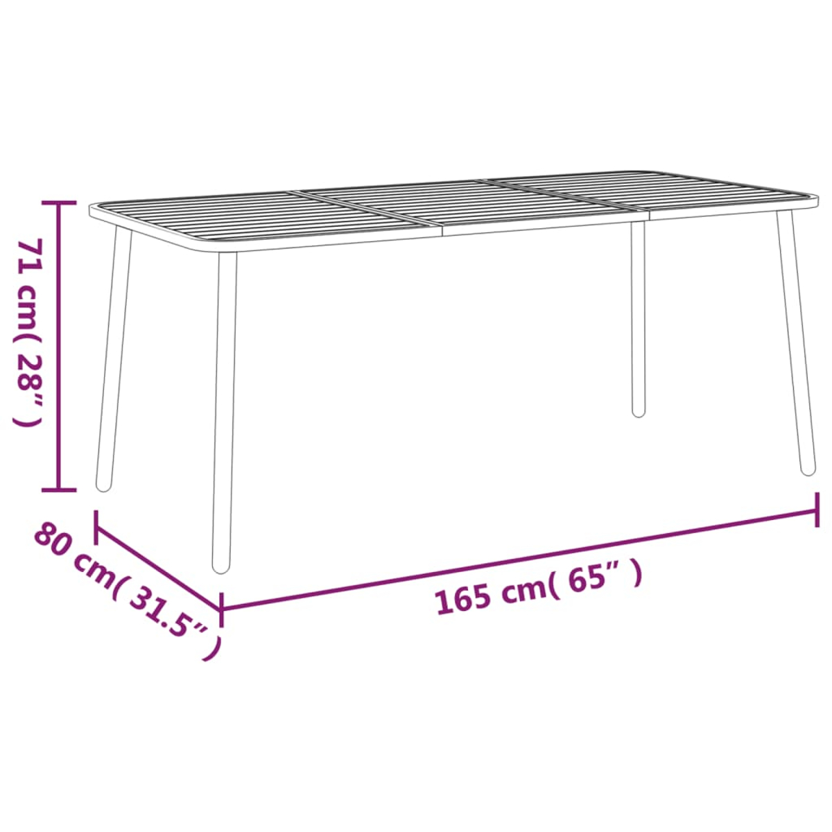 Diagramm eines Tisches mit Maßen in cm und Zoll: 71 cm (28 "), 80 cm (31,5 ") und 165 cm (65 "). Der Tisch ist umrissen dargestellt.
