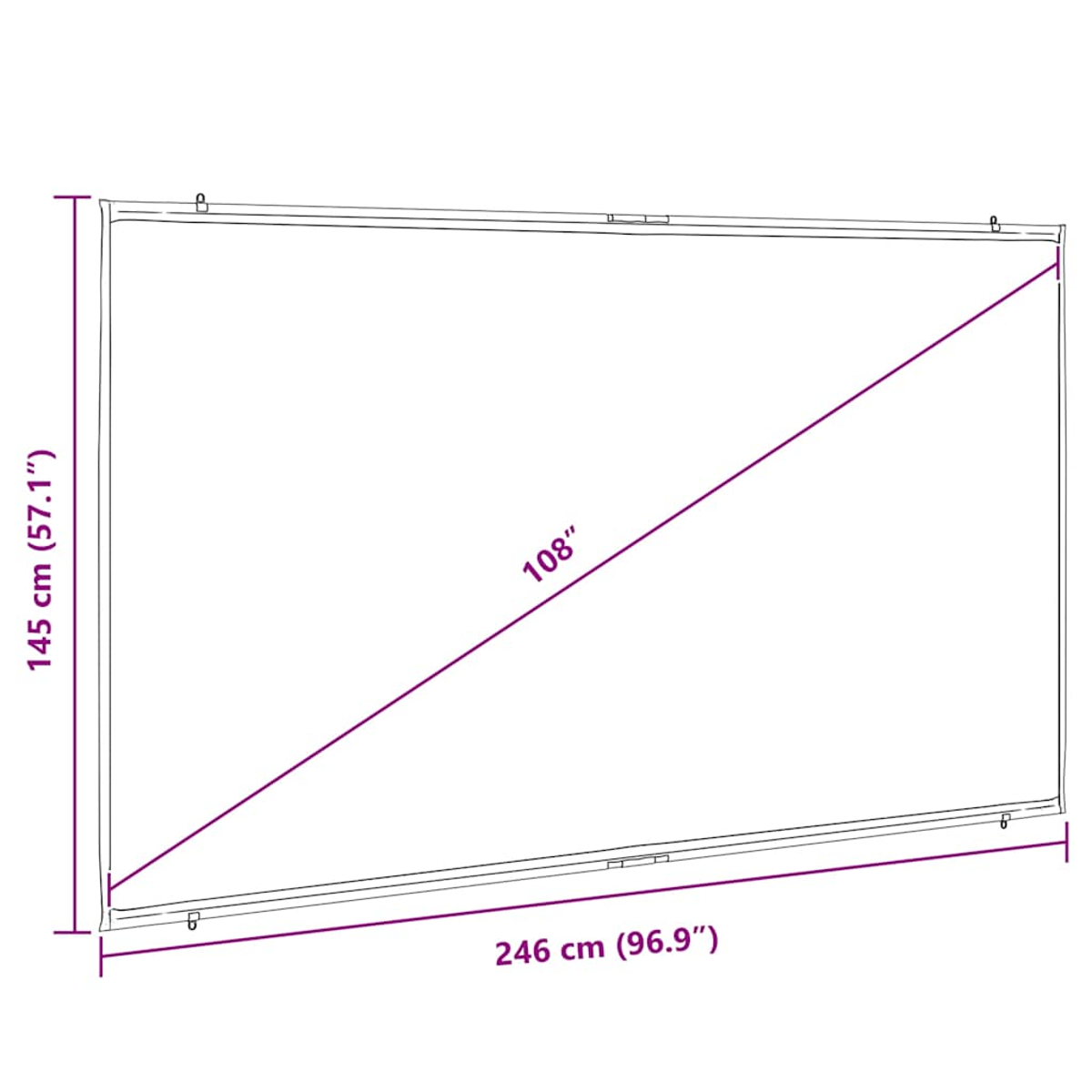 Ein rechteckiger Bildschirmrahmen mit den angegebenen Abmessungen: 145 cm (57,1") Höhe und 246 cm (96,9") Breite. Eine 108" Diagonale ist vorhanden.
