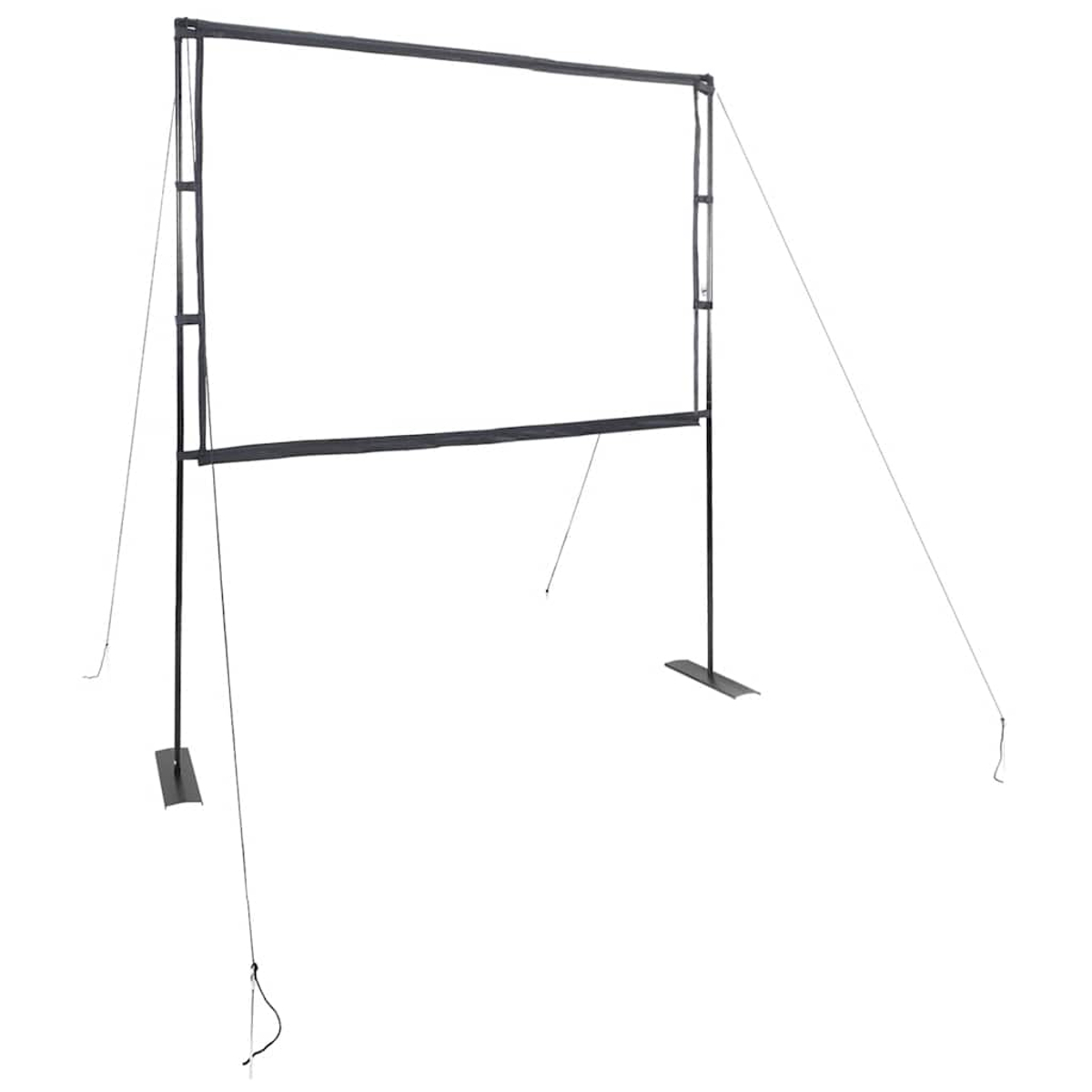 Eine tragbare schwarze Projektorleinwand mit weißer Leinwand. Es wird von einem schwarzen Metallrahmen und Drähten getragen. Der Hintergrund ist weiß.