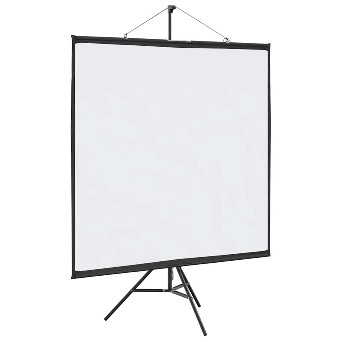 Eine weiße Projektorleinwand auf einem schwarzen Stativ. Der Bildschirm ist rechteckig und das Stativ ist zusammengeklappt.