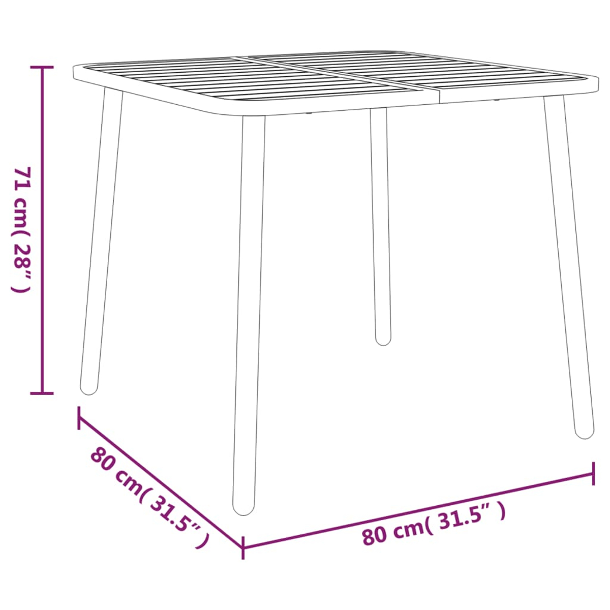 Ein quadratischer Tisch mit vier Beinen wird gezeigt. Die Abmessungen sind angegeben: 80 cm x 80 cm und 71 cm Höhe. Die Zeichnung ist in Schwarzweiß.