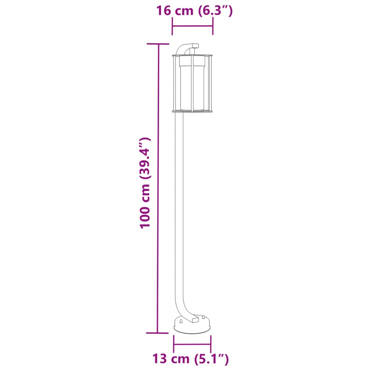 Una lampada alta e sottile con dimensioni indicate. La lampada ha una parte superiore rettangolare e una base curva. Le misure sono in cm e pollici.