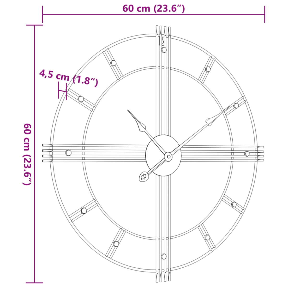 Eine kreisförmige Uhr mit römischen Ziffern und einem Metallrahmen. Die Maße sind: 60 cm Durchmesser, 4,5 cm Dicke.